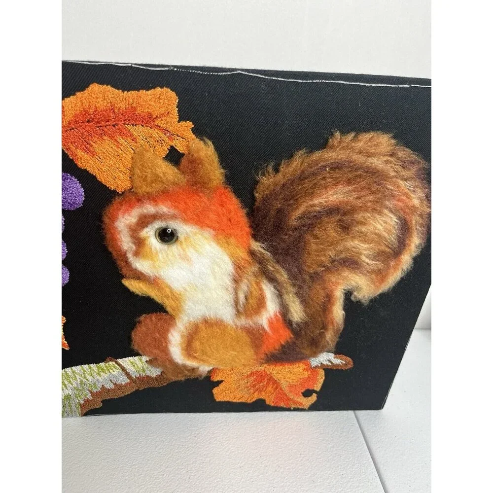 Vtg Handmade Crewel Embroidered Fall Squirrel Leaves Picture Unframed‎ Vibrant